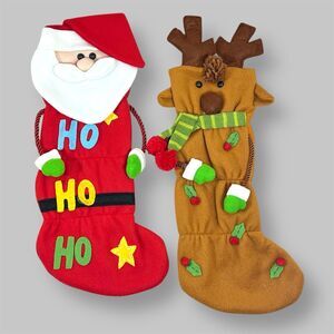 2x VTG Felt 3D Santa & Reindeer Christmas Stockings Handmade Holiday Hobby Lobby